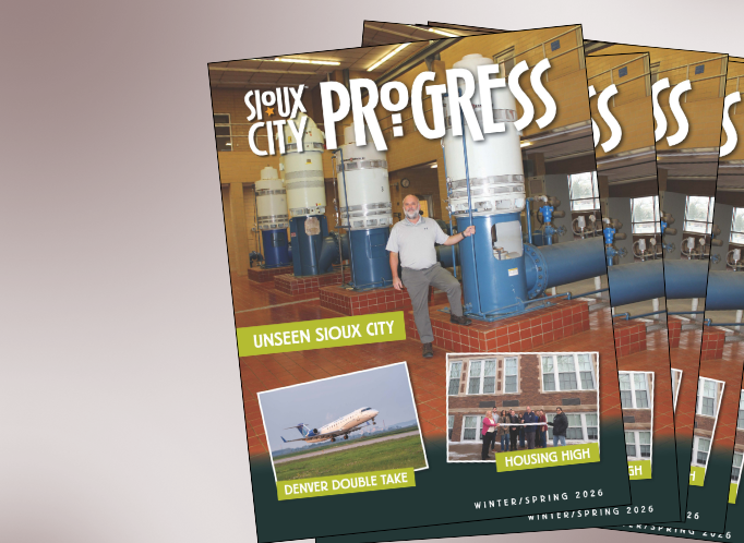 Cover of City Progress newsletter with one image of a man standing in front of water tanks, another image of a plane taking off, and another image of a group of people cutting a ribbon in front of a historic building